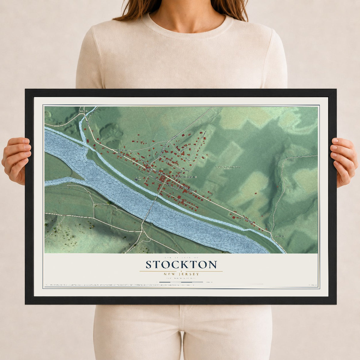 Map of Stockton, New Jersey, 12 x 18 inch print in a black wood frame