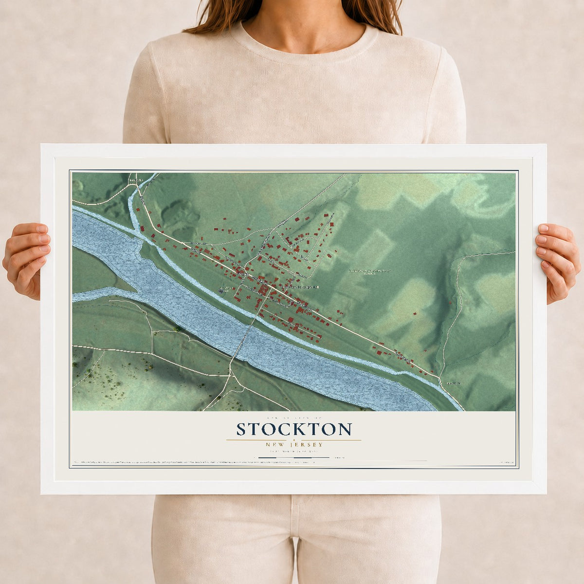 Map of Stockton, New Jersey, 12 x 18 inch print in a white wood frame