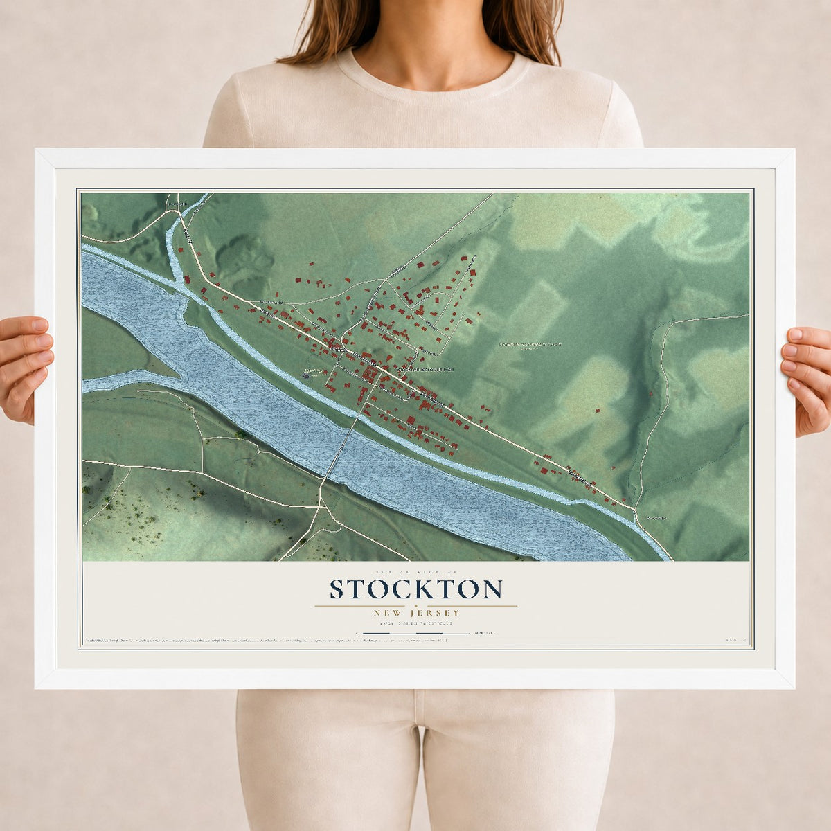Map of Stockton, New Jersey, 18 x 24 inch print in a white wood frame
