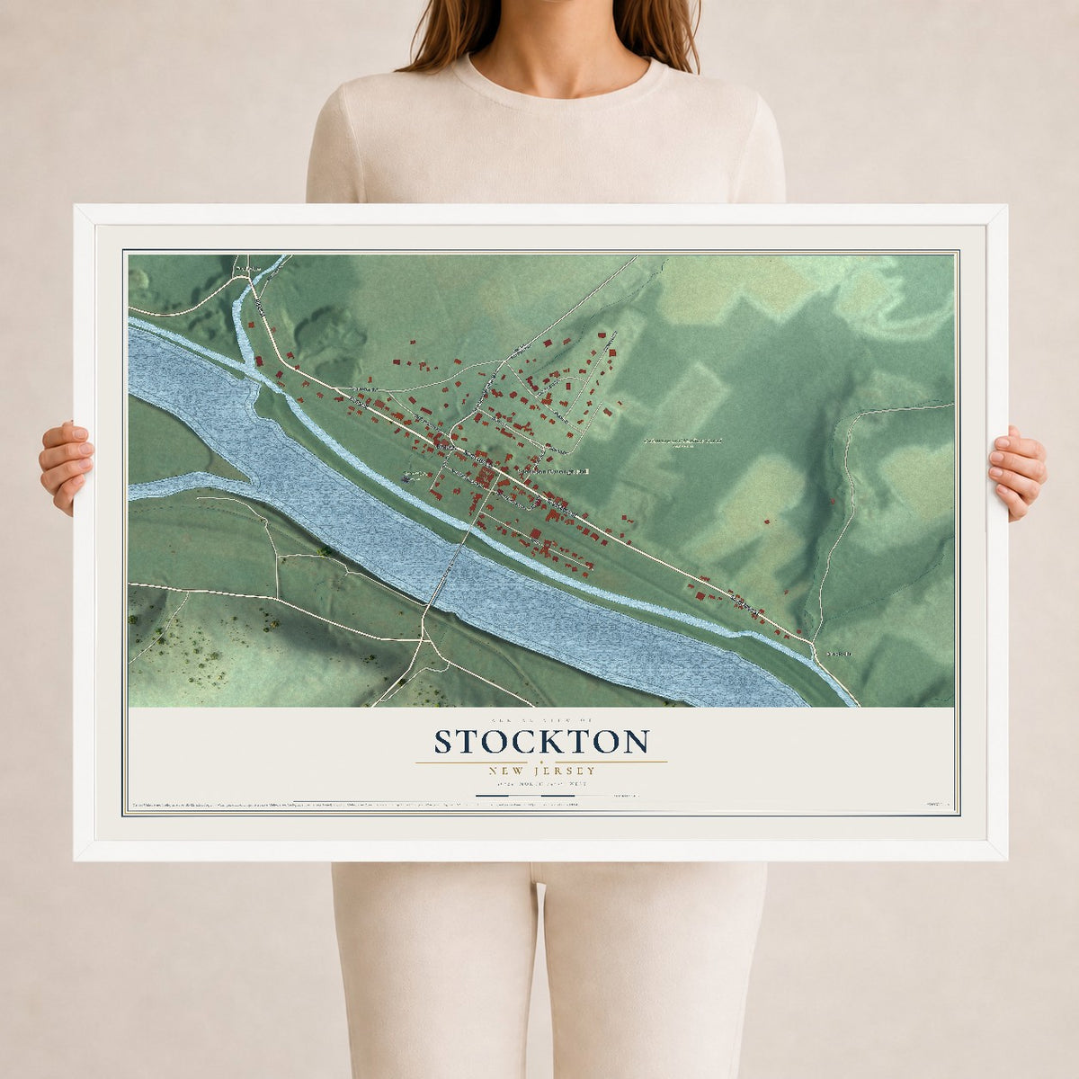 Map of Stockton, New Jersey, 24 x 36 inch print in a white wood frame