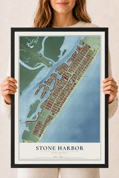 Stone Harbor, New Jersey map print, 18" x 24" W/ Black Ayous Wood Frame mockup