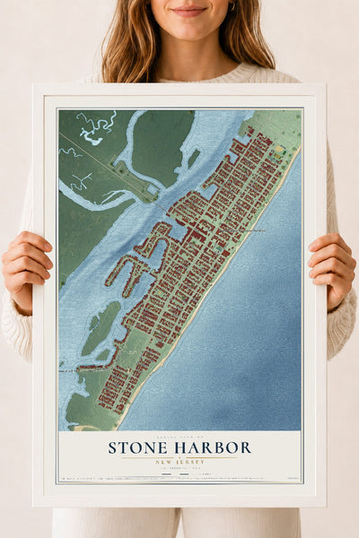 Stone Harbor, New Jersey map print, 18" x 24" W/ White Ayous Wood Frame mockup