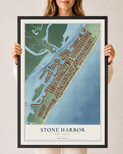 Stone Harbor, New Jersey map print, 24" x 36" W/ Black Ayous Wood Frame mockup