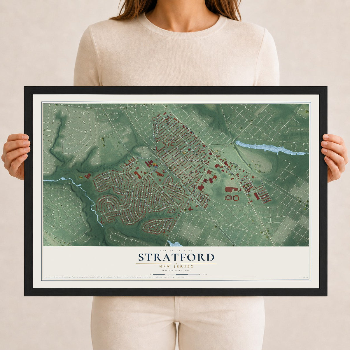 Stratford, New Jersey map print, 12" x 18" W/ Black Ayous Wood Frame mockup