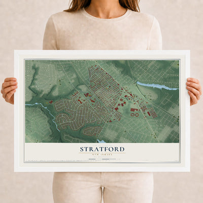 Stratford, New Jersey map print, 12" x 18" W/ White Ayous Wood Frame mockup