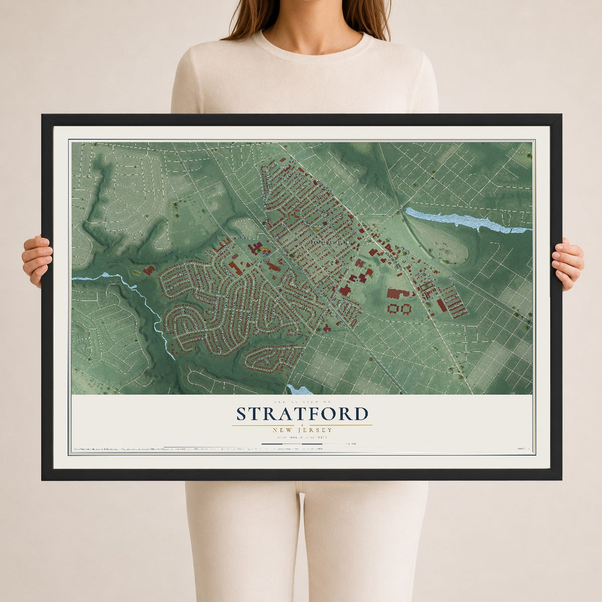 Stratford, New Jersey map print, 24" x 36" W/ Black Ayous Wood Frame mockup