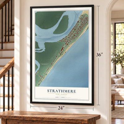 Strathmere, New Jersey map, 24 x 36 inch print in a black frame by a staircase