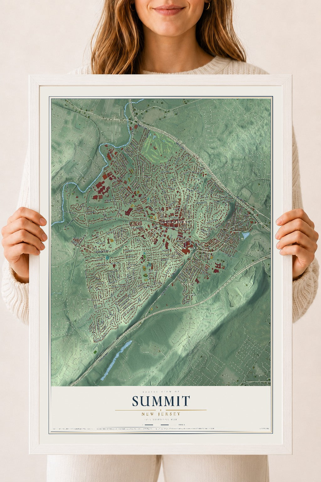 Summit, New Jersey map print, 18" x 24" W/ White Ayous Wood Frame mockup