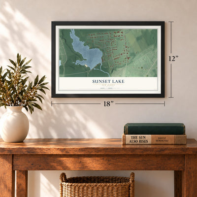 Sunset Lake, New Jersey map, 12 x 18 inch print in a black frame in an entryway