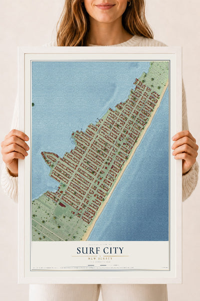 Surf City, New Jersey map print, 18" x 24" W/ White Ayous Wood Frame mockup