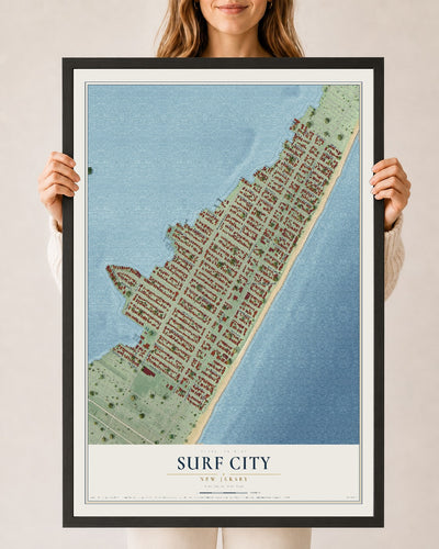 Surf City, New Jersey map print, 24" x 36" W/ Black Ayous Wood Frame mockup