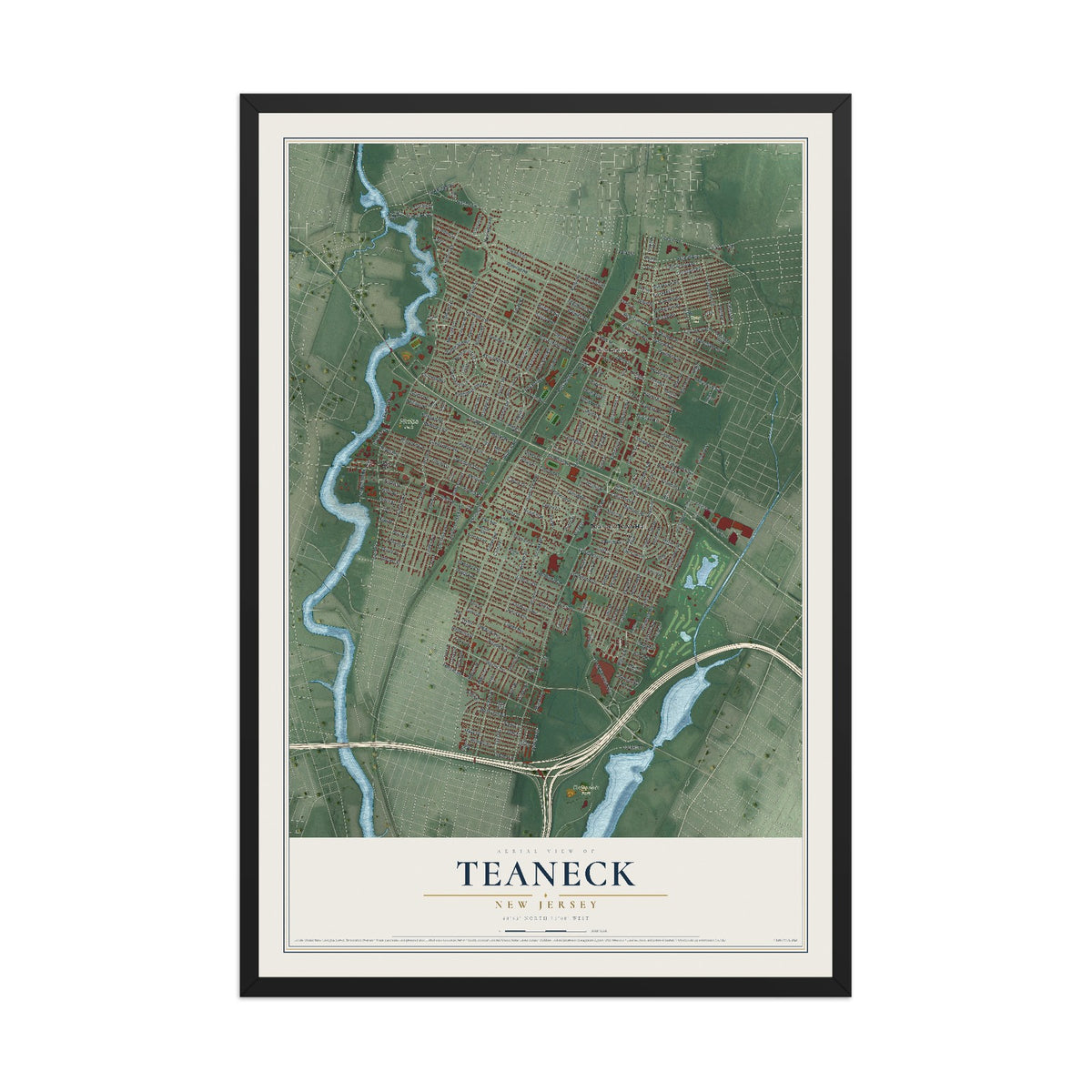 Teaneck, New Jersey map print, 12" x 18" W/ Black Ayous Wood Frame mockup