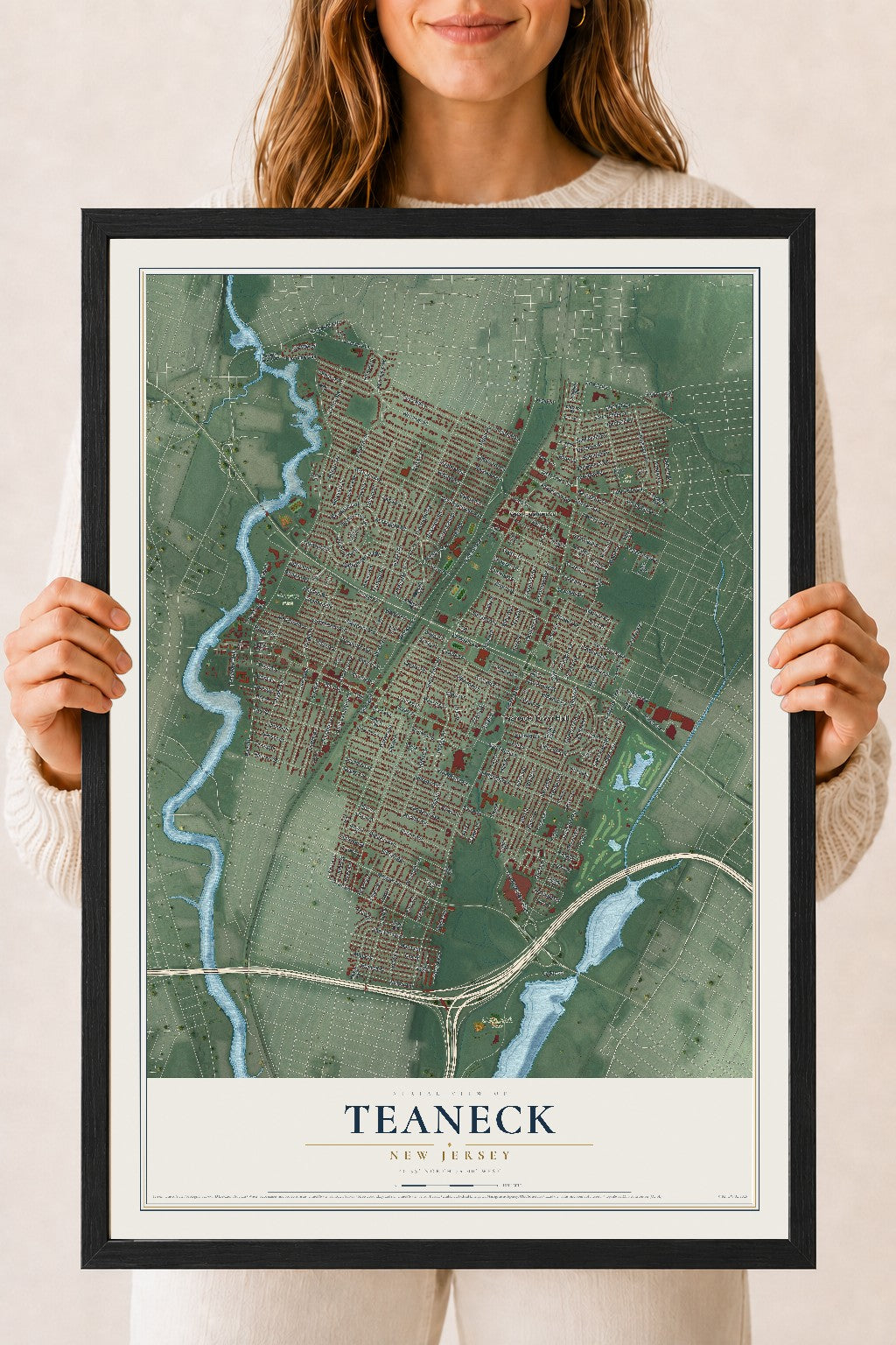 Teaneck, New Jersey map print, 18" x 24" W/ Black Ayous Wood Frame mockup