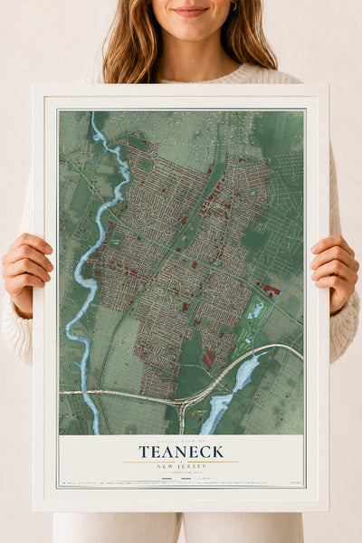 Teaneck, New Jersey map print, 18" x 24" W/ White Ayous Wood Frame mockup