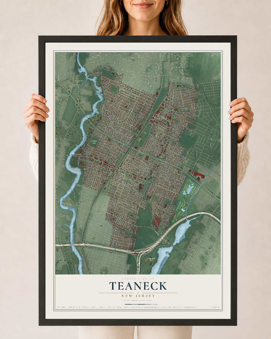 Teaneck, New Jersey map print, 24" x 36" W/ Black Ayous Wood Frame mockup