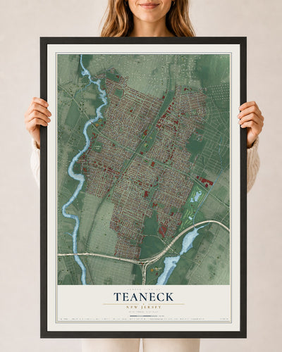 Teaneck, New Jersey map print, 24" x 36" W/ Black Ayous Wood Frame mockup