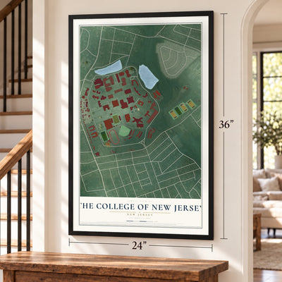 The College of New Jersey, New Jersey map, 24 x 36 inch print in a black frame by a staircase