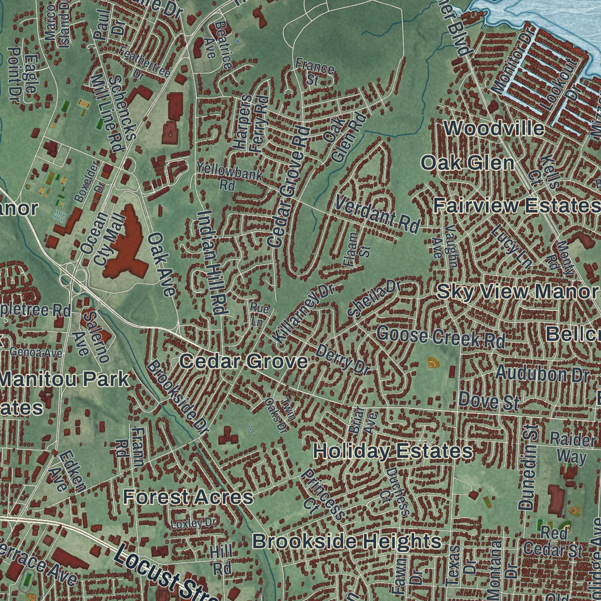 Close-up 1 of the Toms River, New Jersey map artwork