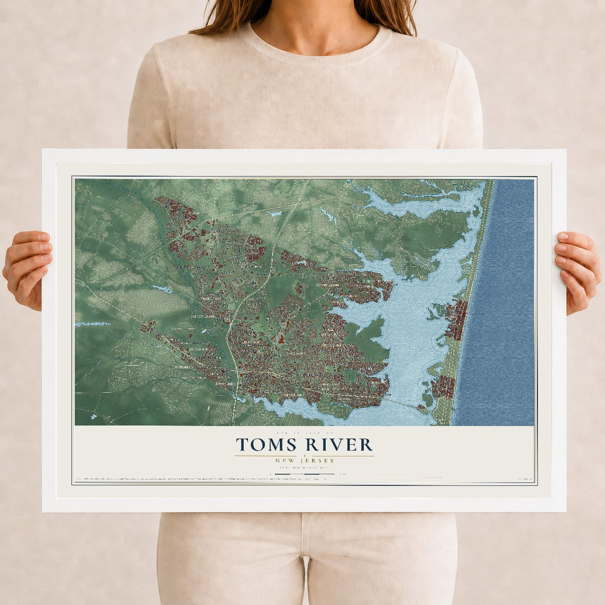 Toms River, New Jersey map print, 12" x 18" W/ White Ayous Wood Frame mockup