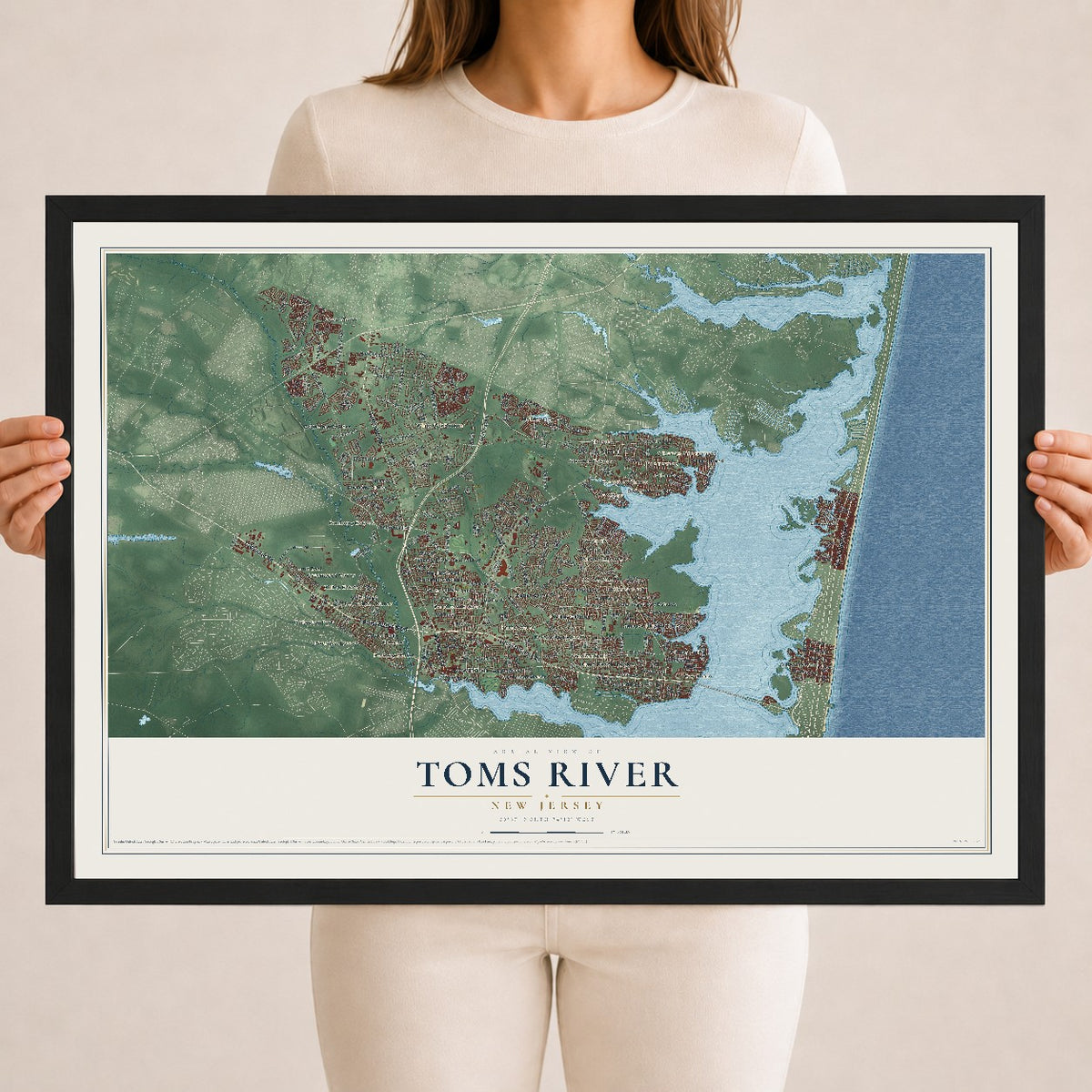 Toms River, New Jersey map print, 18" x 24" W/ Black Ayous Wood Frame mockup