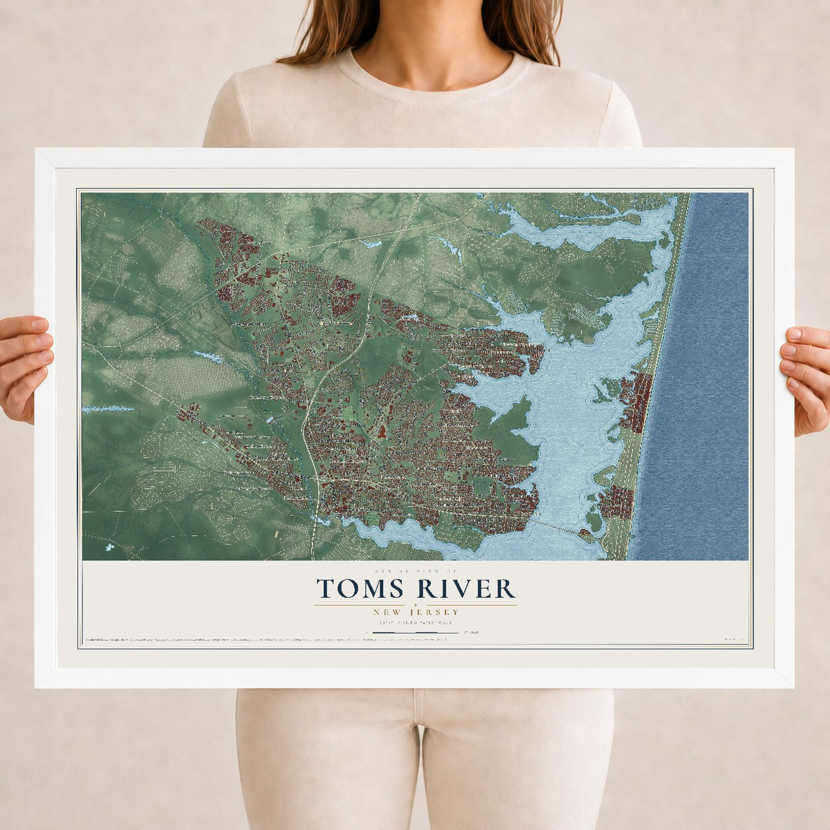 Toms River, New Jersey map print, 18" x 24" W/ White Ayous Wood Frame mockup
