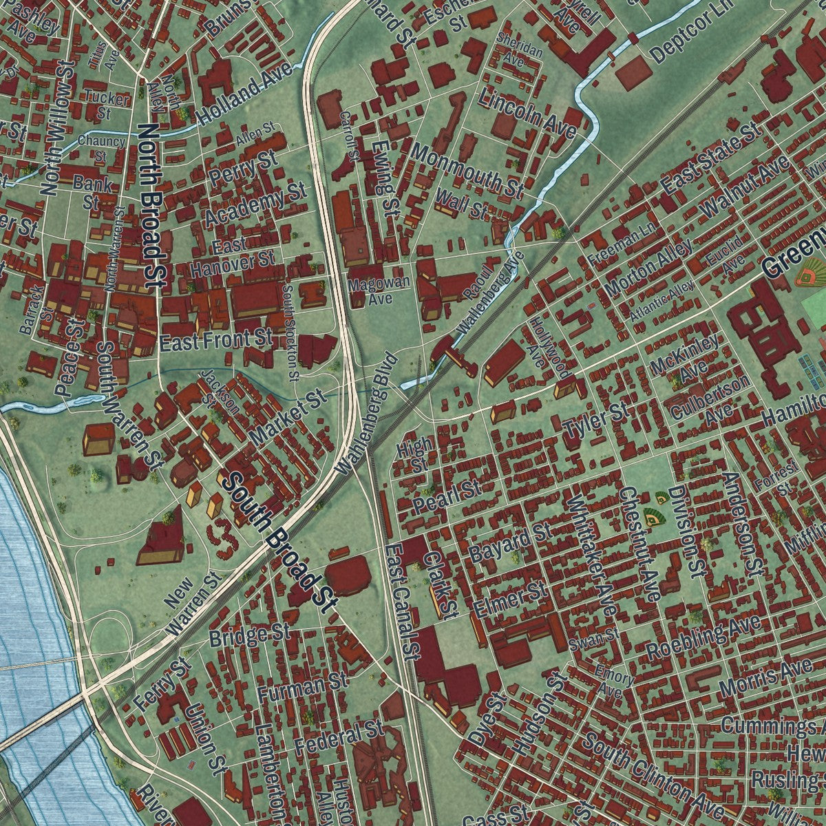 Close-up of the map of Trenton, New Jersey print showing street and building detail