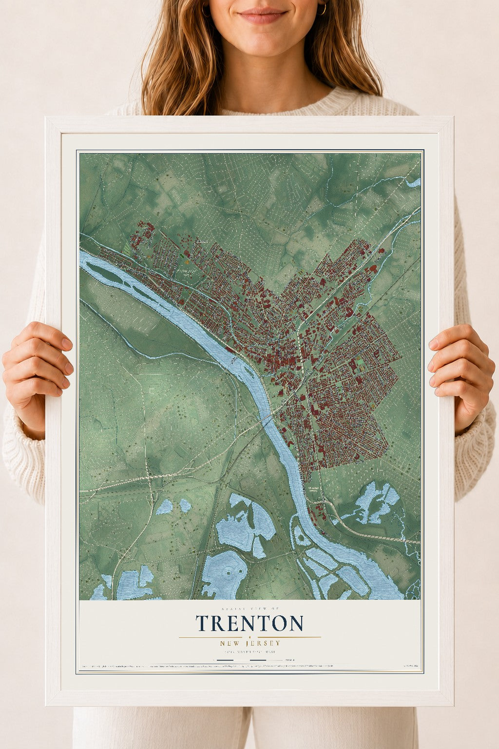 Map of Trenton, New Jersey, 18 x 24 inch print in a white wood frame