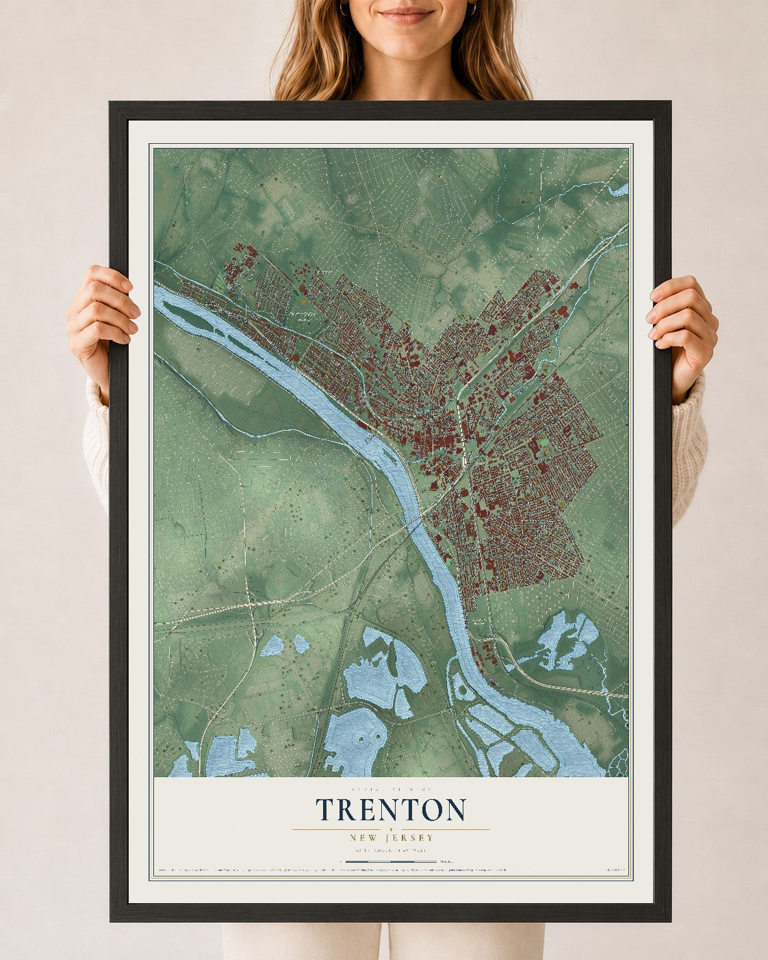 Map of Trenton, New Jersey, 24 x 36 inch print in a black wood frame