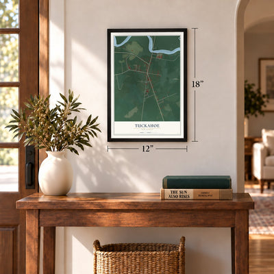Tuckahoe, New Jersey map, 12 x 18 inch print in a black frame in an entryway