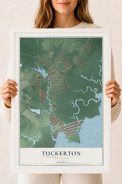 Tuckerton, New Jersey map print, 18" x 24" W/ White Ayous Wood Frame mockup