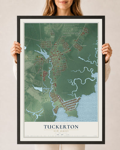 Tuckerton, New Jersey map print, 24" x 36" W/ Black Ayous Wood Frame mockup