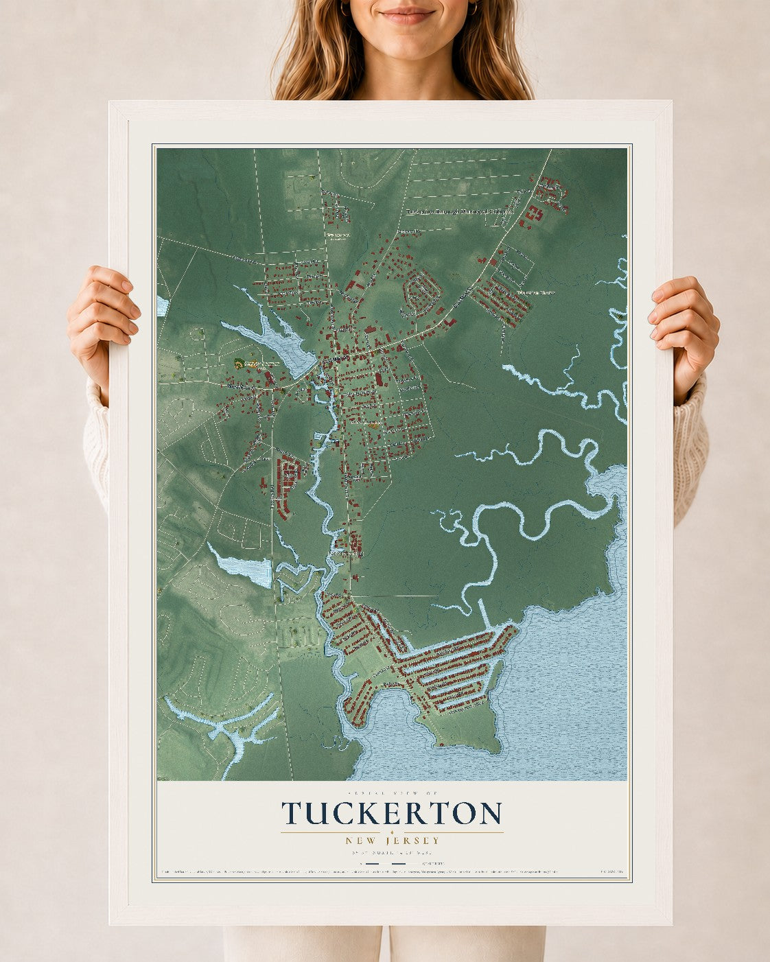Tuckerton, New Jersey map print, 24" x 36" W/ White Ayous Wood Frame mockup