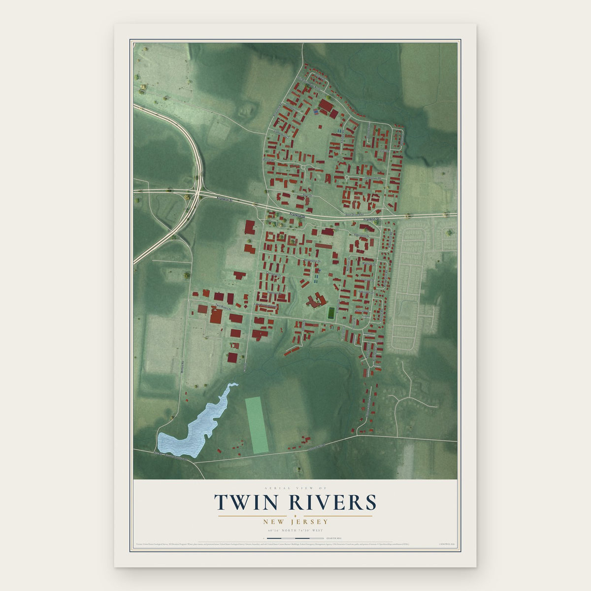 Twin Rivers, New Jersey map print, the full design