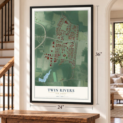 Twin Rivers, New Jersey map, 24 x 36 inch print in a black frame by a staircase