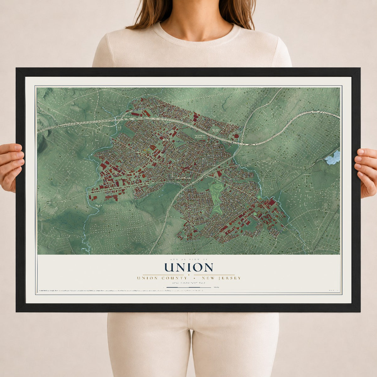 Union, New Jersey map print, 18" x 24" W/ Black Ayous Wood Frame mockup