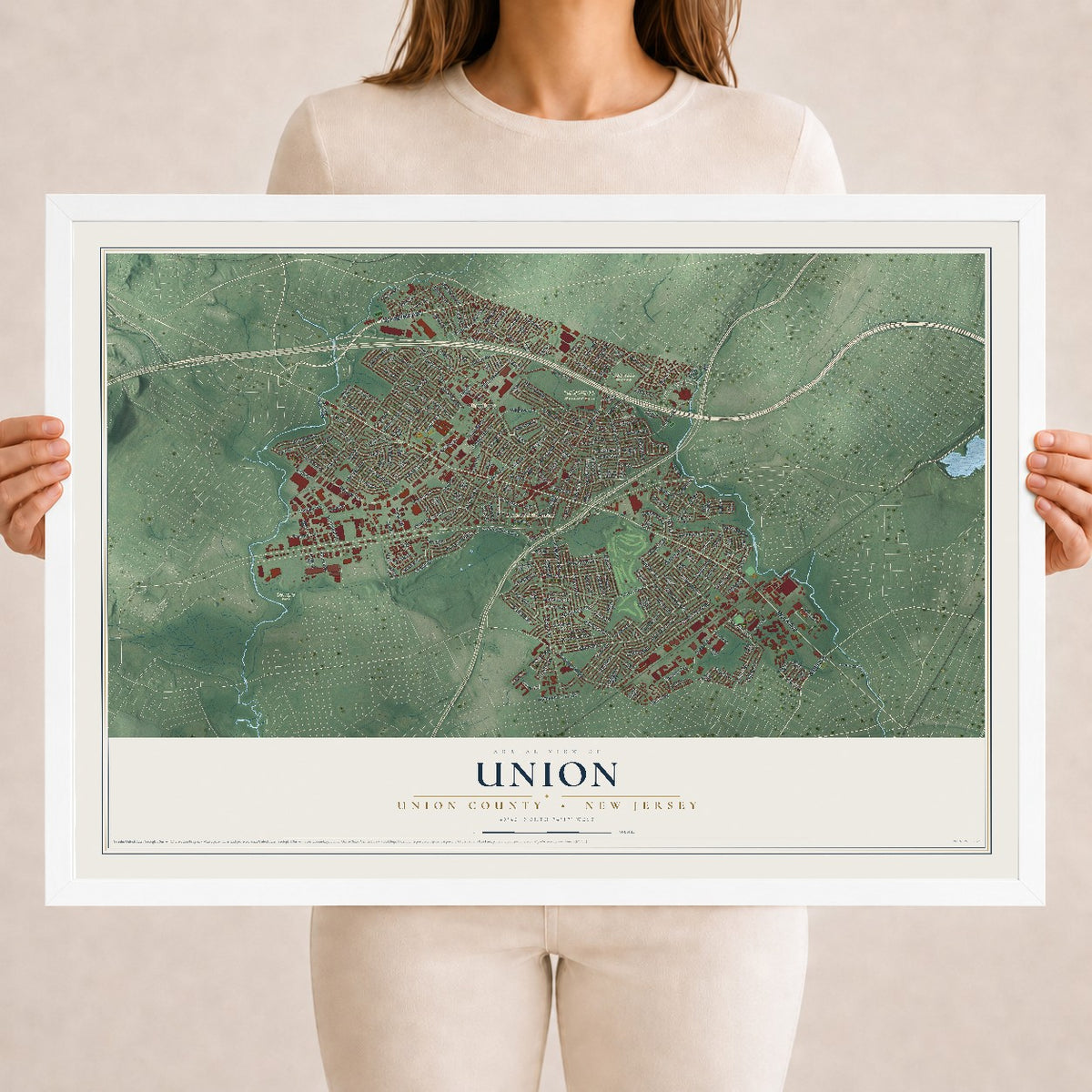 Union, New Jersey map print, 18" x 24" W/ White Ayous Wood Frame mockup