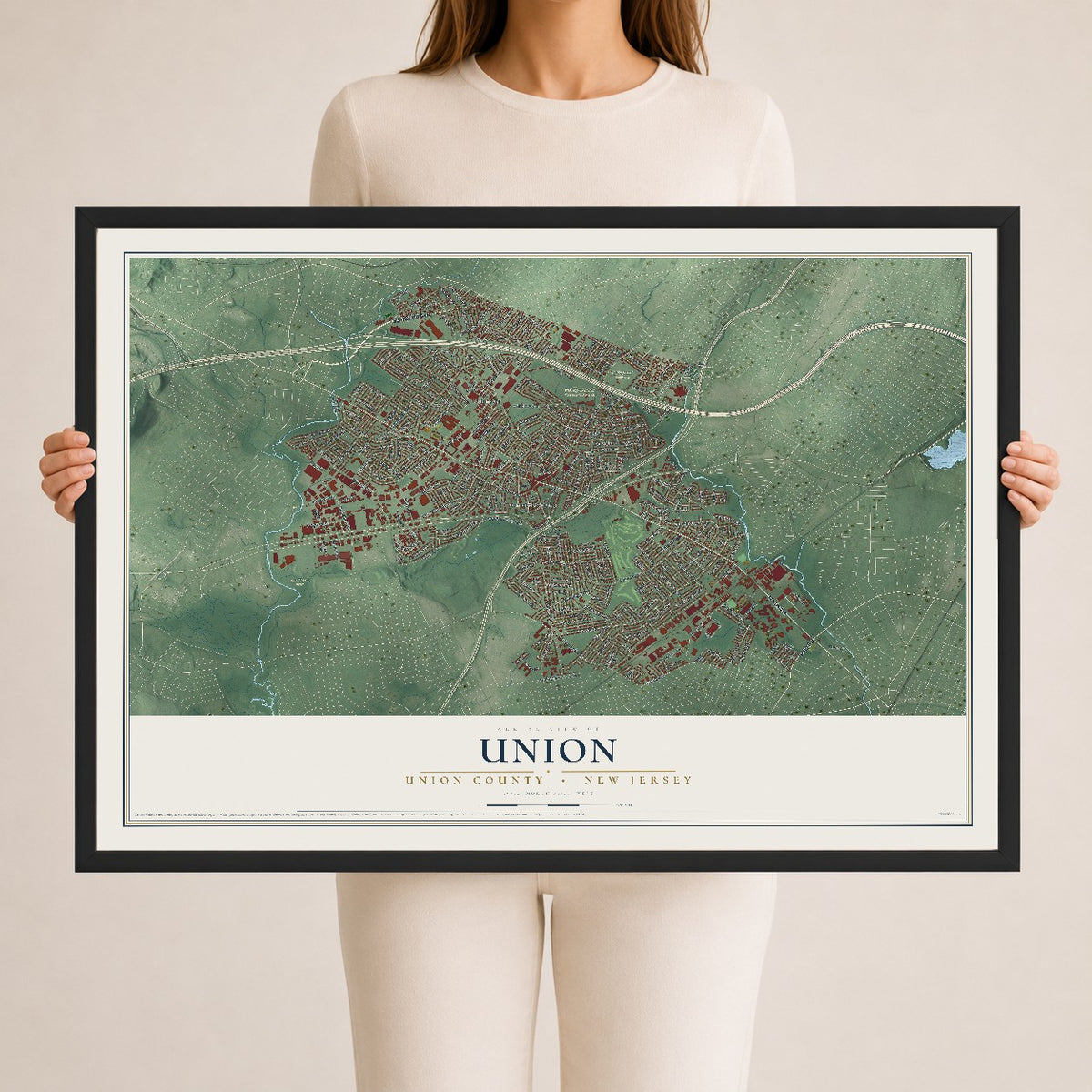Union, New Jersey map print, 24" x 36" W/ Black Ayous Wood Frame mockup