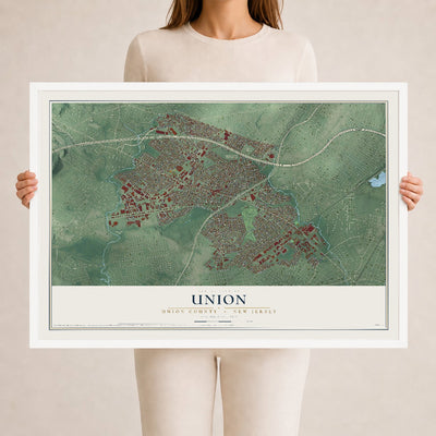 Union, New Jersey map print, 24" x 36" W/ White Ayous Wood Frame mockup
