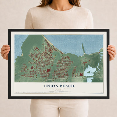 Union Beach, New Jersey map print, 12" x 18" W/ Black Ayous Wood Frame mockup