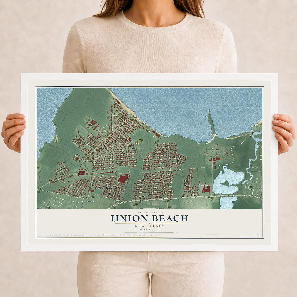 Union Beach, New Jersey map print, 12" x 18" W/ White Ayous Wood Frame mockup