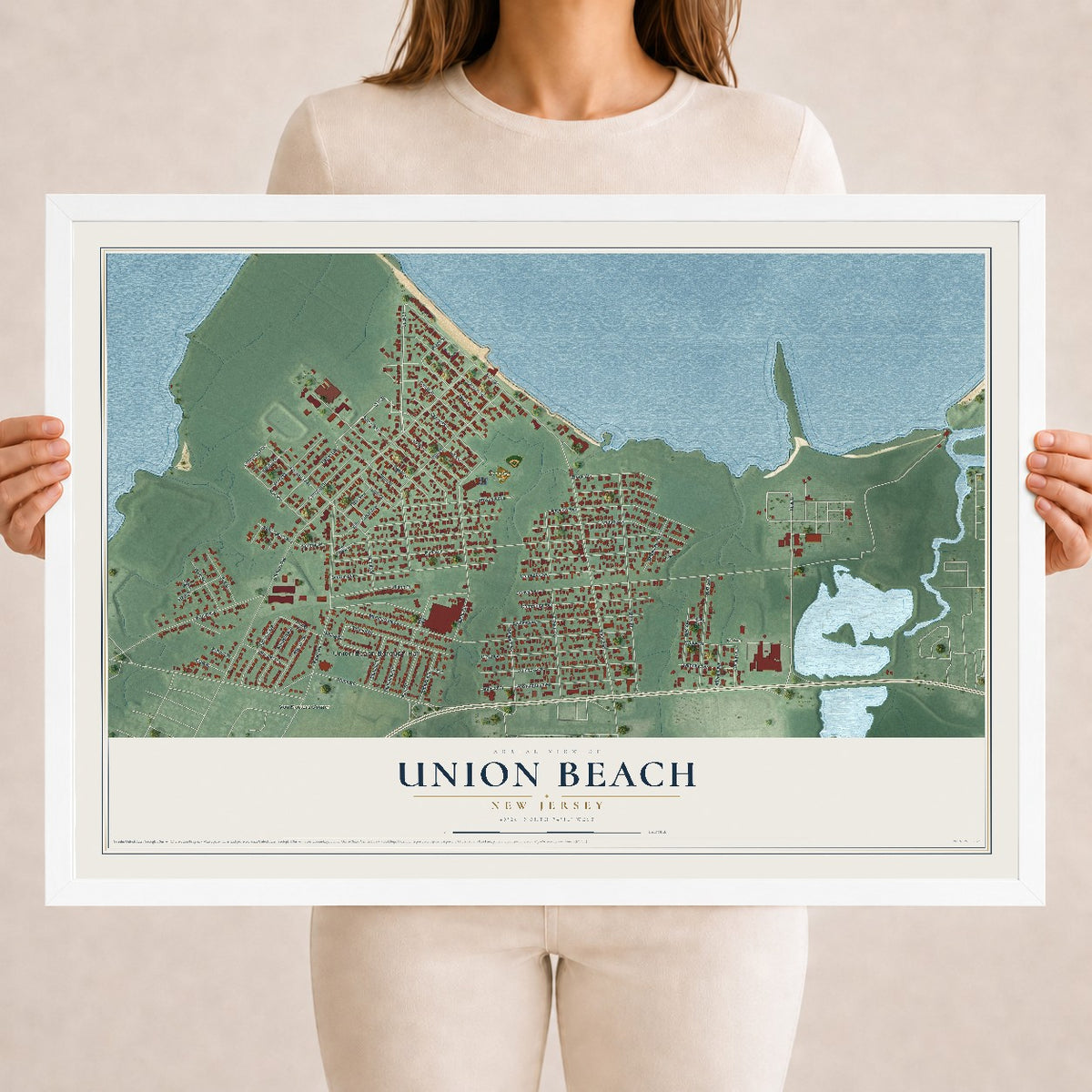 Union Beach, New Jersey map print, 18" x 24" W/ White Ayous Wood Frame mockup