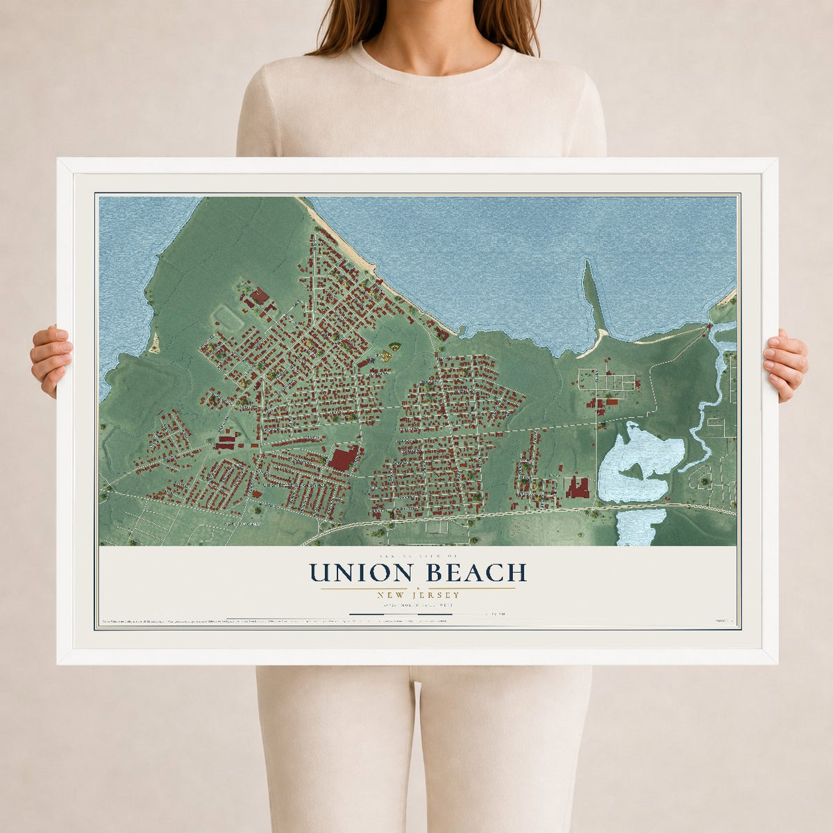 Union Beach, New Jersey map print, 24" x 36" W/ White Ayous Wood Frame mockup