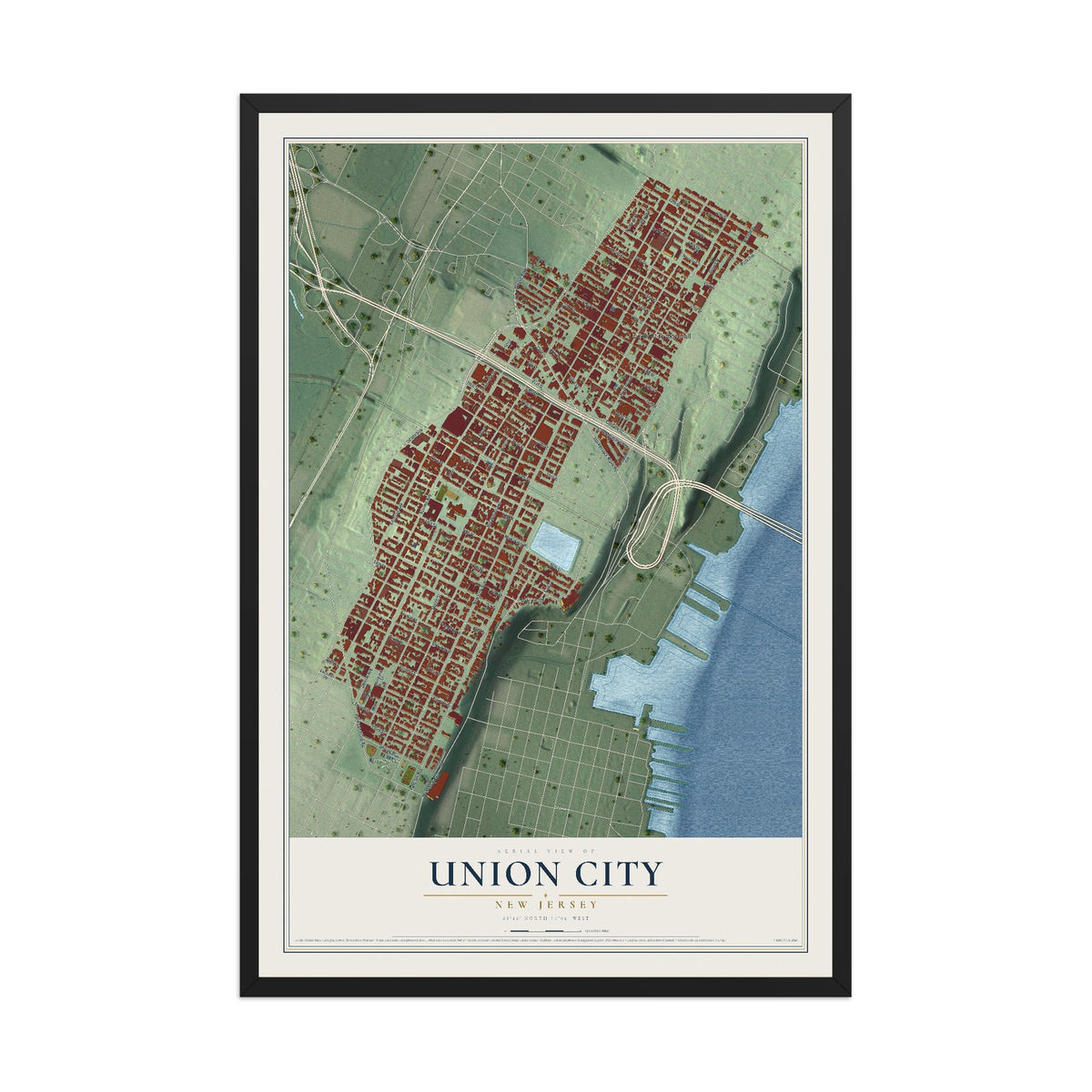 Union City, New Jersey map print, 12" x 18" W/ Black Ayous Wood Frame mockup
