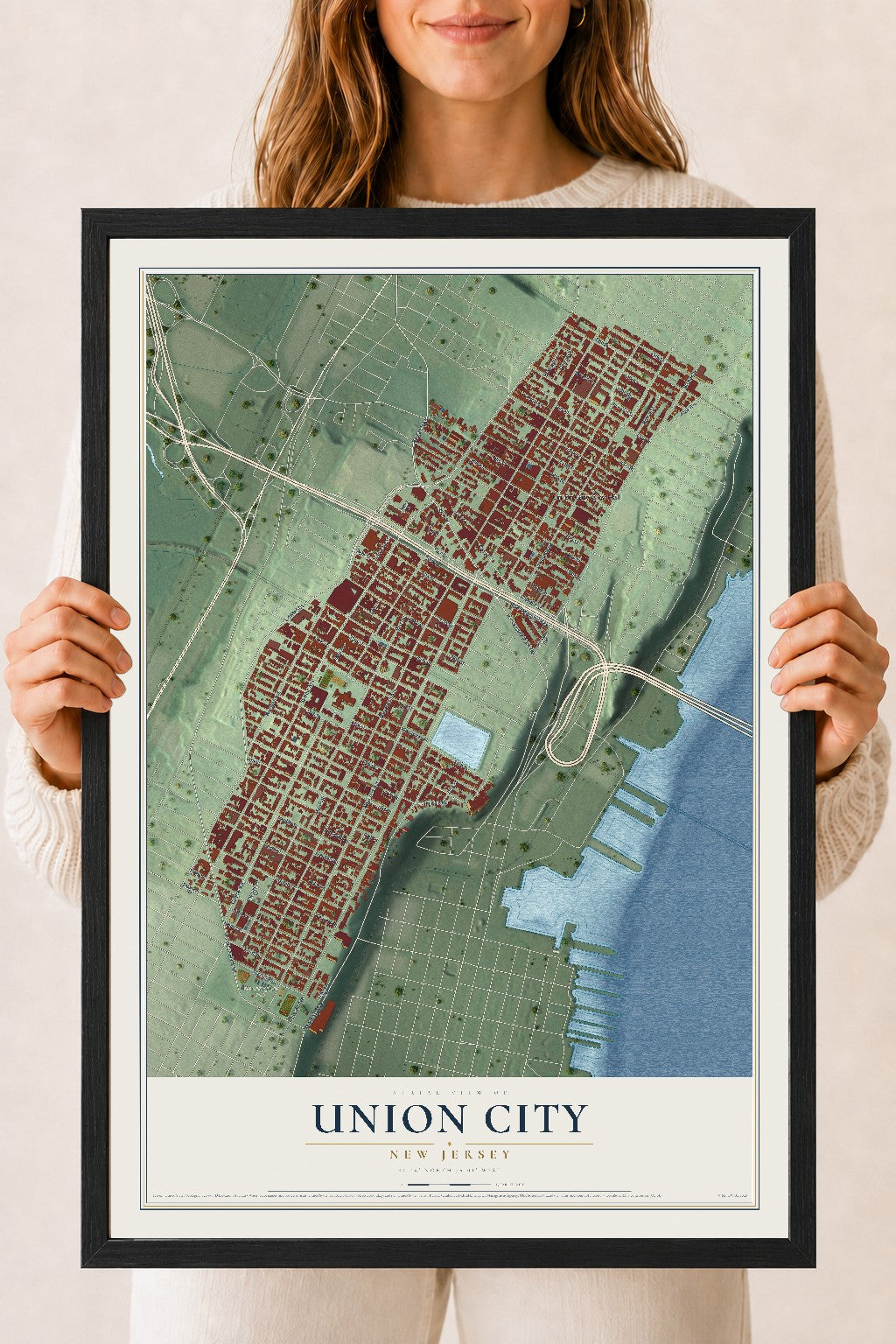 Union City, New Jersey map print, 18" x 24" W/ Black Ayous Wood Frame mockup