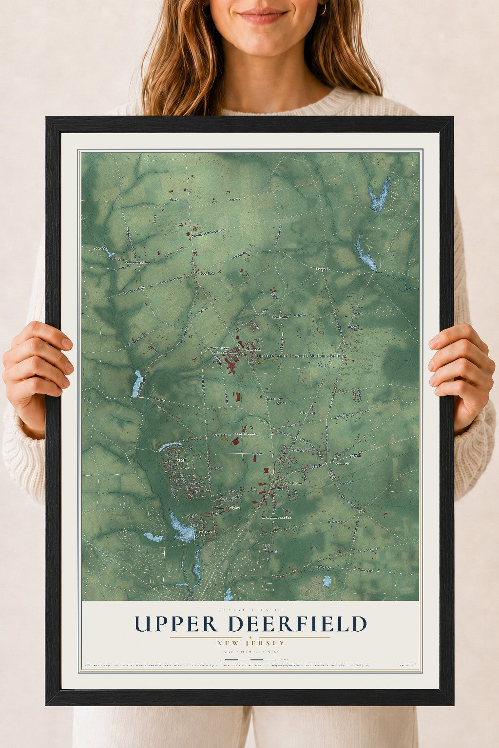 Upper Deerfield, New Jersey map print, 18" x 24" W/ Black Ayous Wood Frame mockup