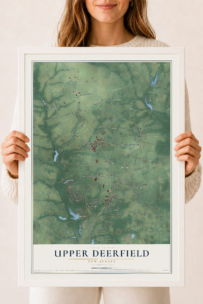 Upper Deerfield, New Jersey map print, 18" x 24" W/ White Ayous Wood Frame mockup