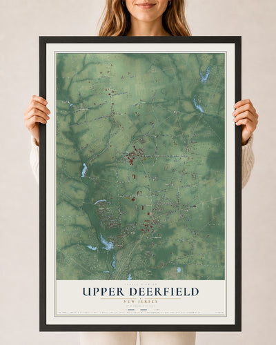 Upper Deerfield, New Jersey map print, 24" x 36" W/ Black Ayous Wood Frame mockup