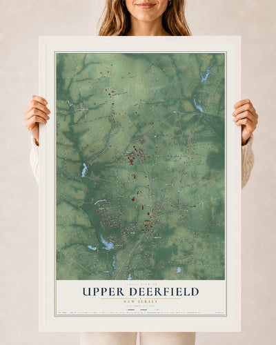 Upper Deerfield, New Jersey map print, 24" x 36" W/ White Ayous Wood Frame mockup