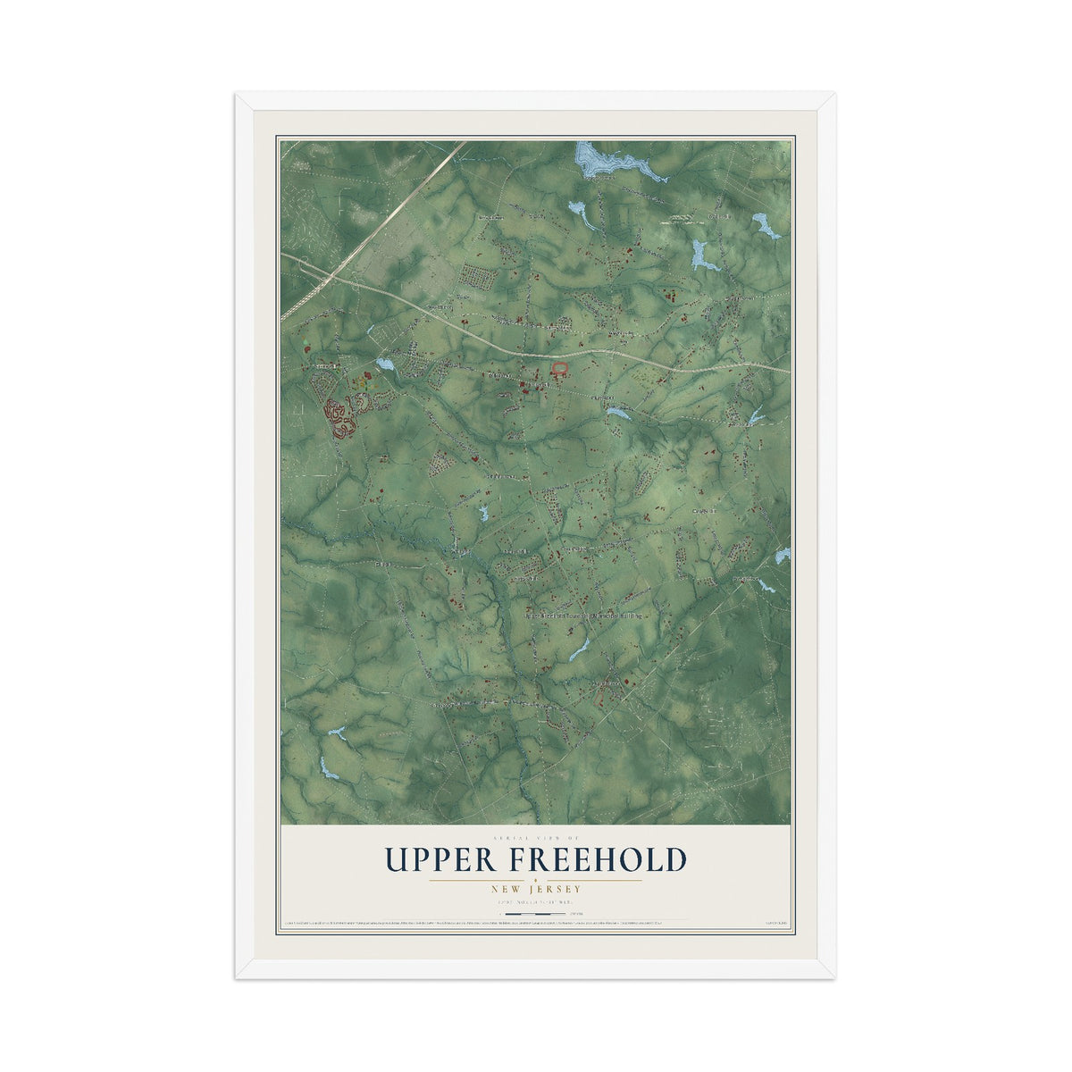 Upper Freehold, New Jersey map print, 12" x 18" W/ White Ayous Wood Frame mockup