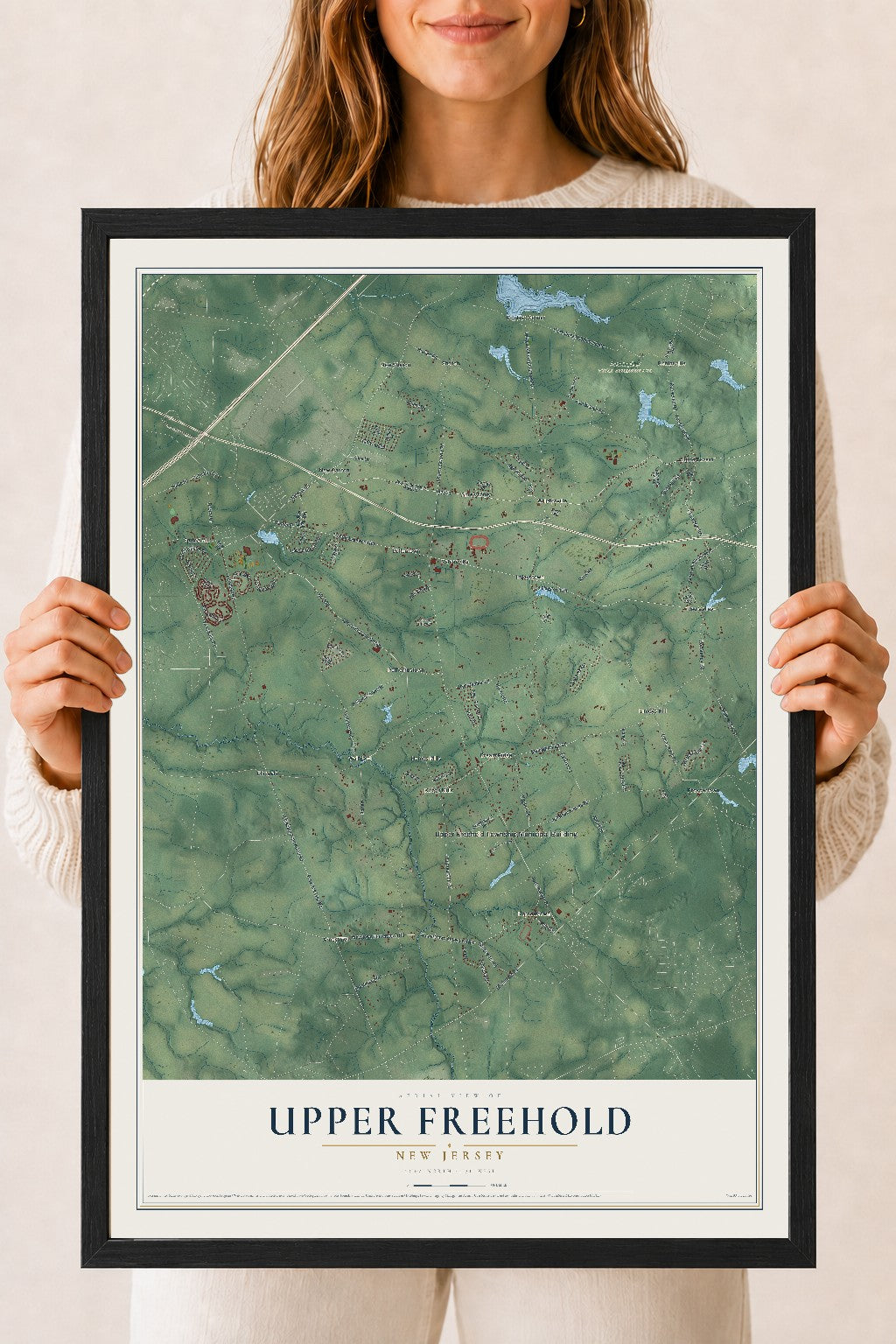 Upper Freehold, New Jersey map print, 18" x 24" W/ Black Ayous Wood Frame mockup